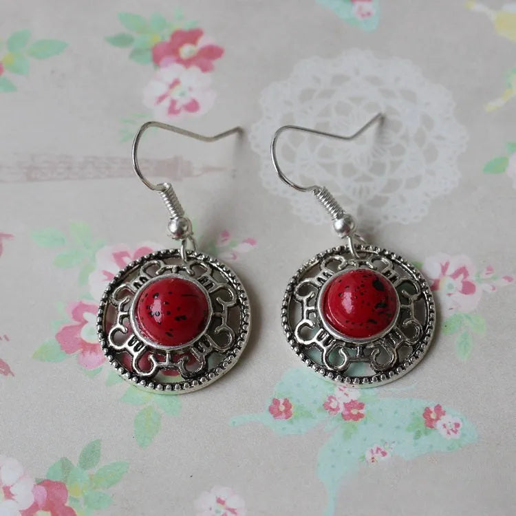 Handmade Miao silver retro turquoise flower disk earrings with geometric totem patterns