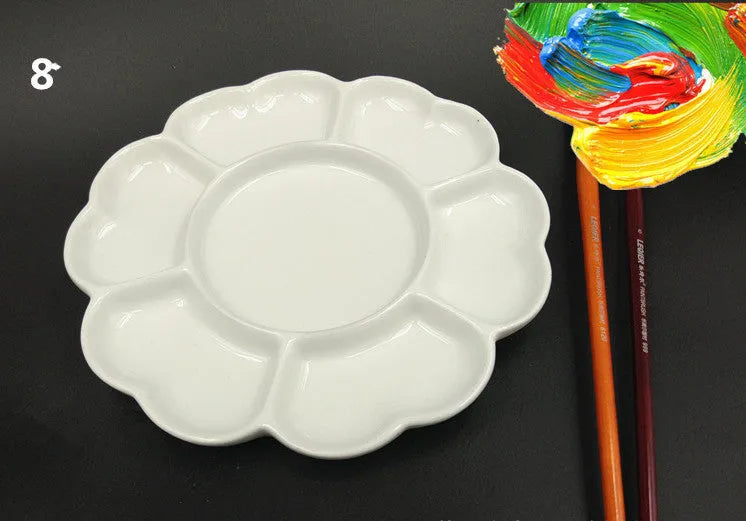White handmade ceramic plum blossom shaped paint palette for watercolour, acrylic, and oil painting