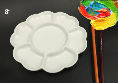 White handmade ceramic plum blossom shaped paint palette for watercolour, acrylic, and oil painting