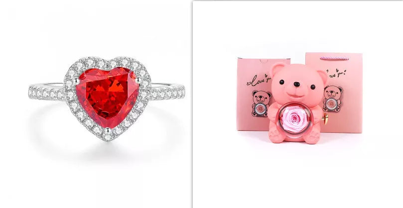 Eternal Rose Teddy Bear Jewelry Box with rotating drawer and preserved rose