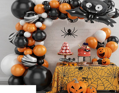 Halloween latex balloon set with bat designs, 12-inch black and orange balloons, 10m chain, and ribbons for party decor