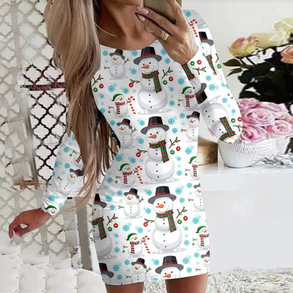 Women's Christmas printed dress with animal pattern, round neck, long sleeves, and floral colours