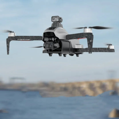 White foldable brushless quadcopter drone with 4K camera shown with remote control and carry case.