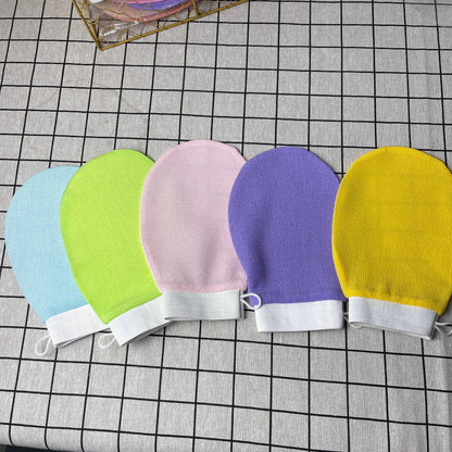 Luxurious exfoliating bath gloves in various vibrant colors, made from soft viscose fiber for a spa-like cleansing experience