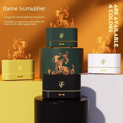 White square USB flame humidifier and aroma diffuser showing realistic LED fire effect.