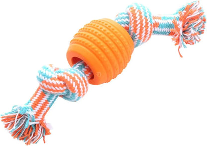 Navy blue dog chew toy with molar-shaped rubber sections and white cotton rope, 25cm long