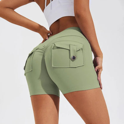 Women's high-waist fitness shorts with pockets in quick-dry nylon fabric