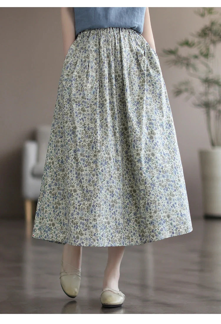 Chic floral printed cotton skirt in vibrant colors, perfect for any occasion.