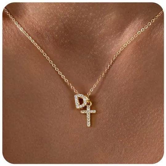 A-Z zircon inlaid letter necklace on a copper regular chain with electroplated finish