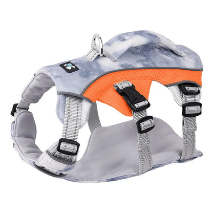 Reflective pet cooling chest strap in light blue, adjustable for dogs, with reflective strips for safety.