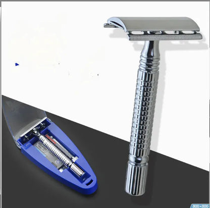 Chrome-plated double-edged safety razor with textured brass handle and storage box.