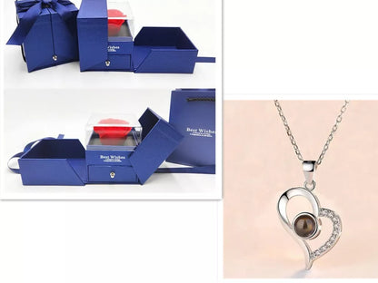 Valentine's Day metal rose jewelry gift box necklace with adjustable crystal design