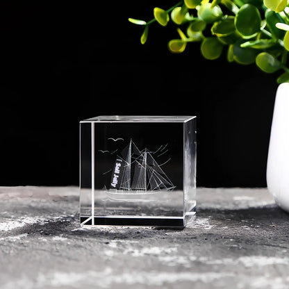 White crystal lotus cube desktop ornament showing geometric pattern and precise square dimensions