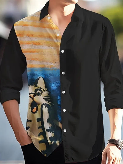 Man wearing a loose-fit, long sleeve Hawaiian shirt with a floral pattern