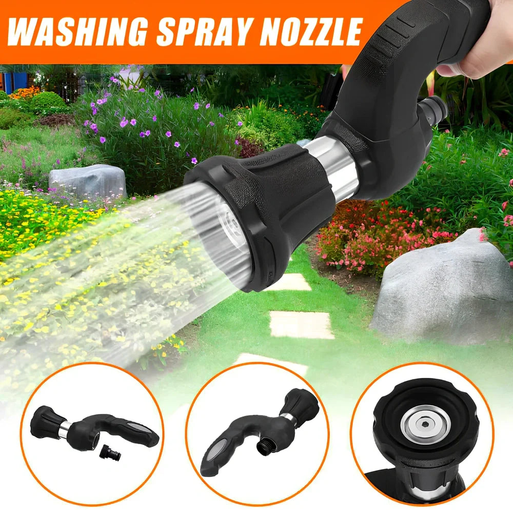 Black Mighty Power Hose Blaster Nozzle with five spray settings and ergonomic handle for garden and car washing