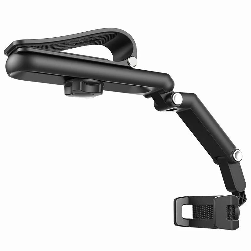 Grey and green car phone bracket with adjustable clip mounted on a car dashboard