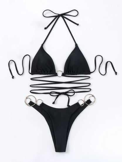 Black women's bikini swimsuit with metal ring straps on long backless design