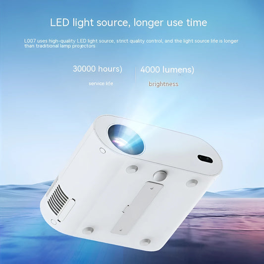 White T07 Full HD smart projector with remote control showing 1080p resolution and Android system