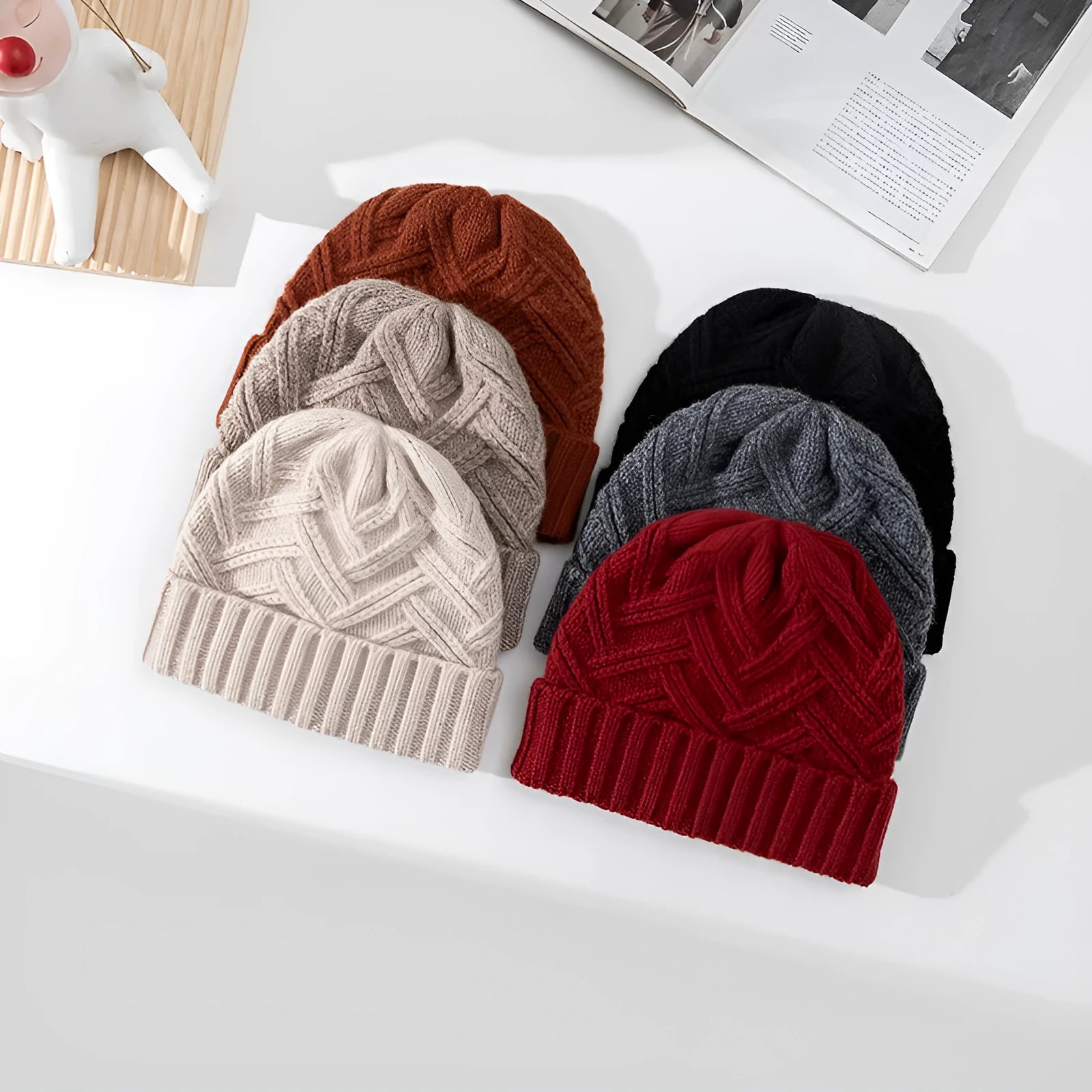 Wool knitted women's hat with dome crown in ankela red colour showing totem pattern details