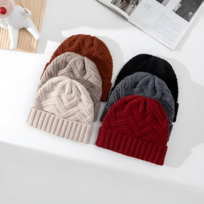 Wool knitted women's hat with dome crown in ankela red colour showing totem pattern details