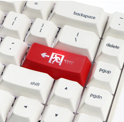 Transparent mechanical keyboard key cap with safety evacuation exit design in red colour