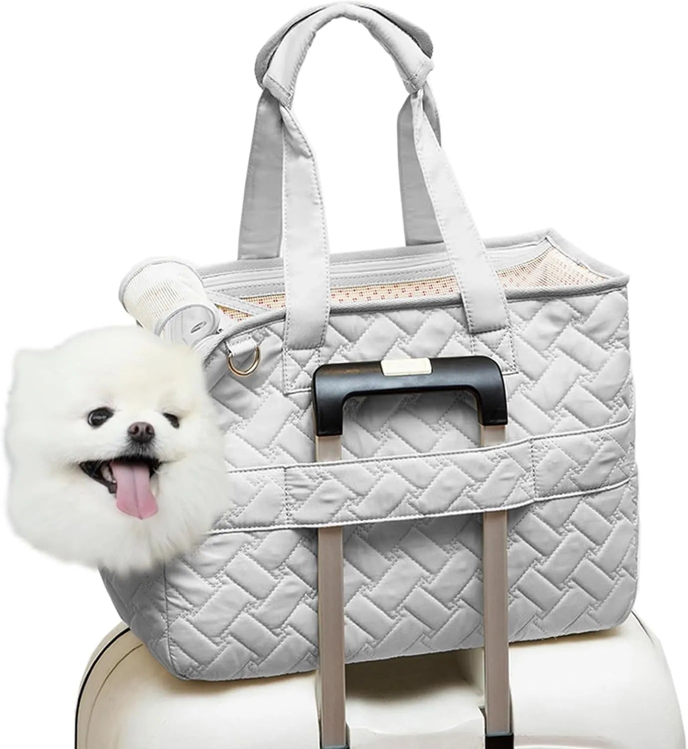Grey or white cat carrier handbag with breathable mesh panels, safety cord, and multiple pockets for small pets