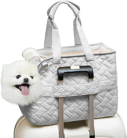 Grey or white cat carrier handbag with breathable mesh panels, safety cord, and multiple pockets for small pets