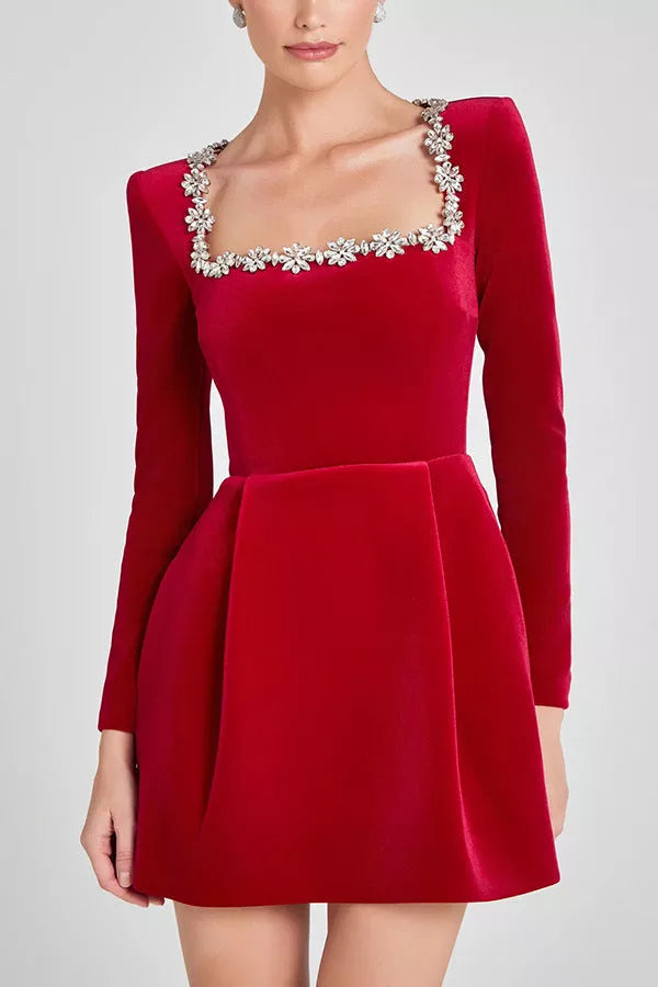 Square neck long-sleeved A-line dress with floral rhinestone design in black, white, and red