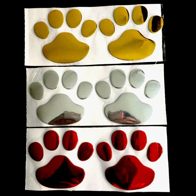 Pair of hand-shaped brush dog footprints PVC car sticker in black, gold, red, or silver colour.