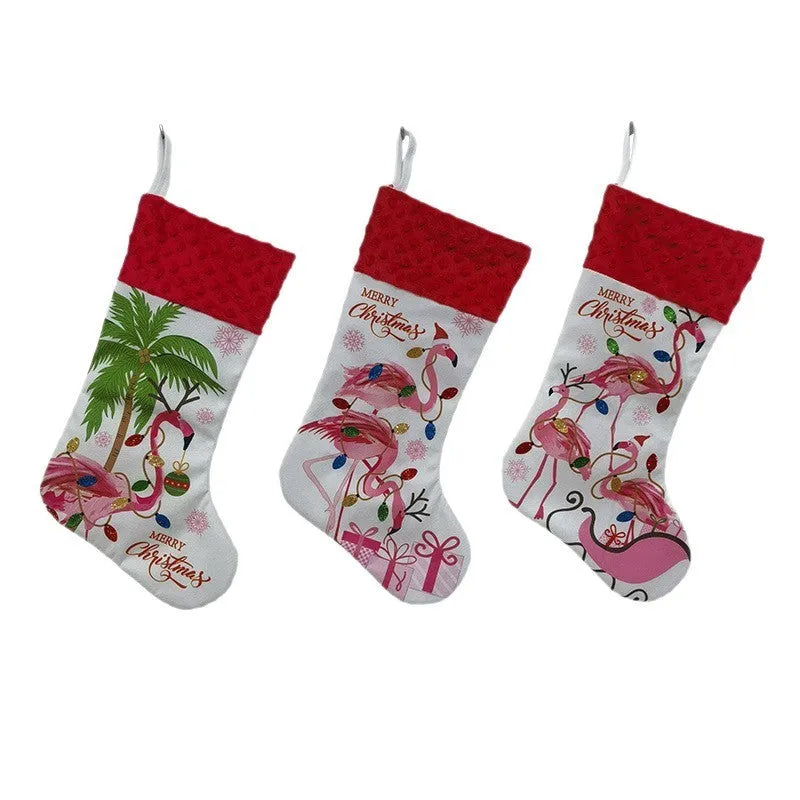 Flamingo Christmas stockings measuring 46cm by 28cm in cloth material with hanging loop
