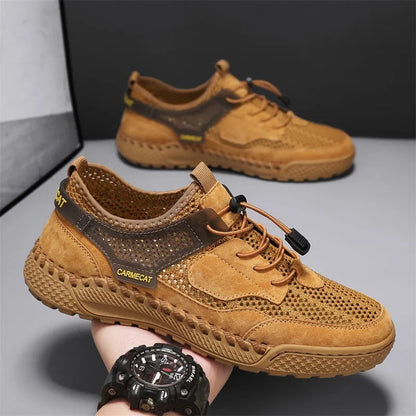 Men's brown suede casual tennis shoes with elastic band closure and hand-stitched rubber sole.