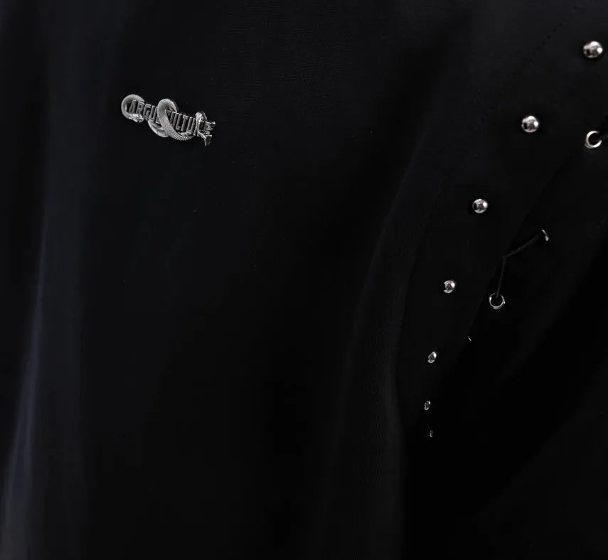 Black short sleeve women's T-shirt with lace-up cutout detailing on the sleeves.