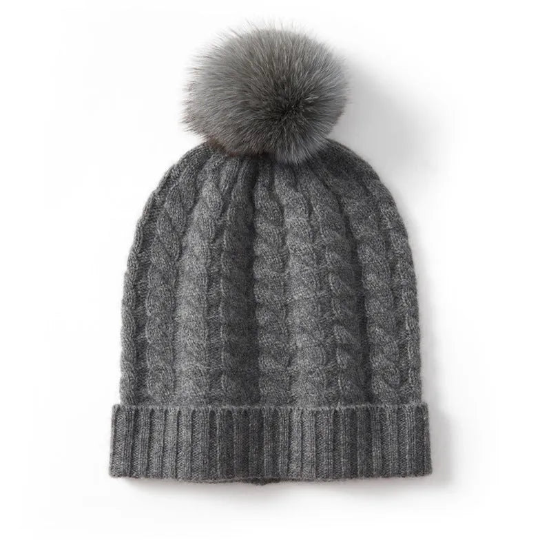 Women's cashmere knitted hat with fur ball in white velvet colour, average size, autumn winter accessory