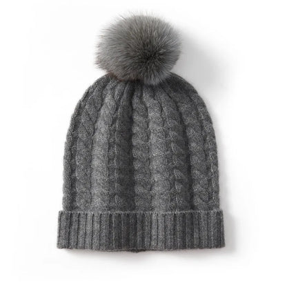 Women's cashmere knitted hat with fur ball in white velvet colour, average size, autumn winter accessory