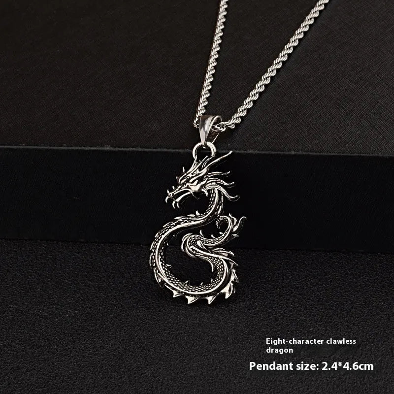 Dragon sword pendant necklace with black electroplated alloy charm and 60cm titanium steel hemp flower chain