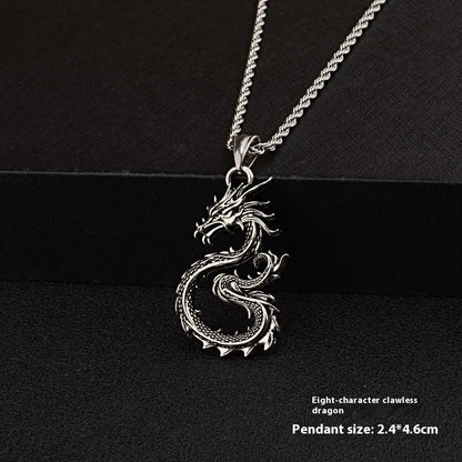 Dragon sword pendant necklace with black electroplated alloy charm and 60cm titanium steel hemp flower chain