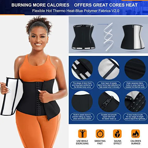 Neoprene abdominal support belt in blue and silver colours with adjustable fastening for waist shaping.