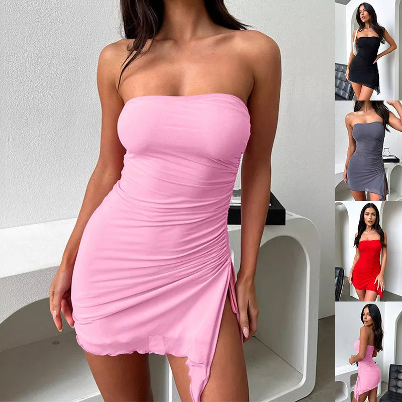 Y2K tube-top split dress in black, pink, wine red, and grey for women
