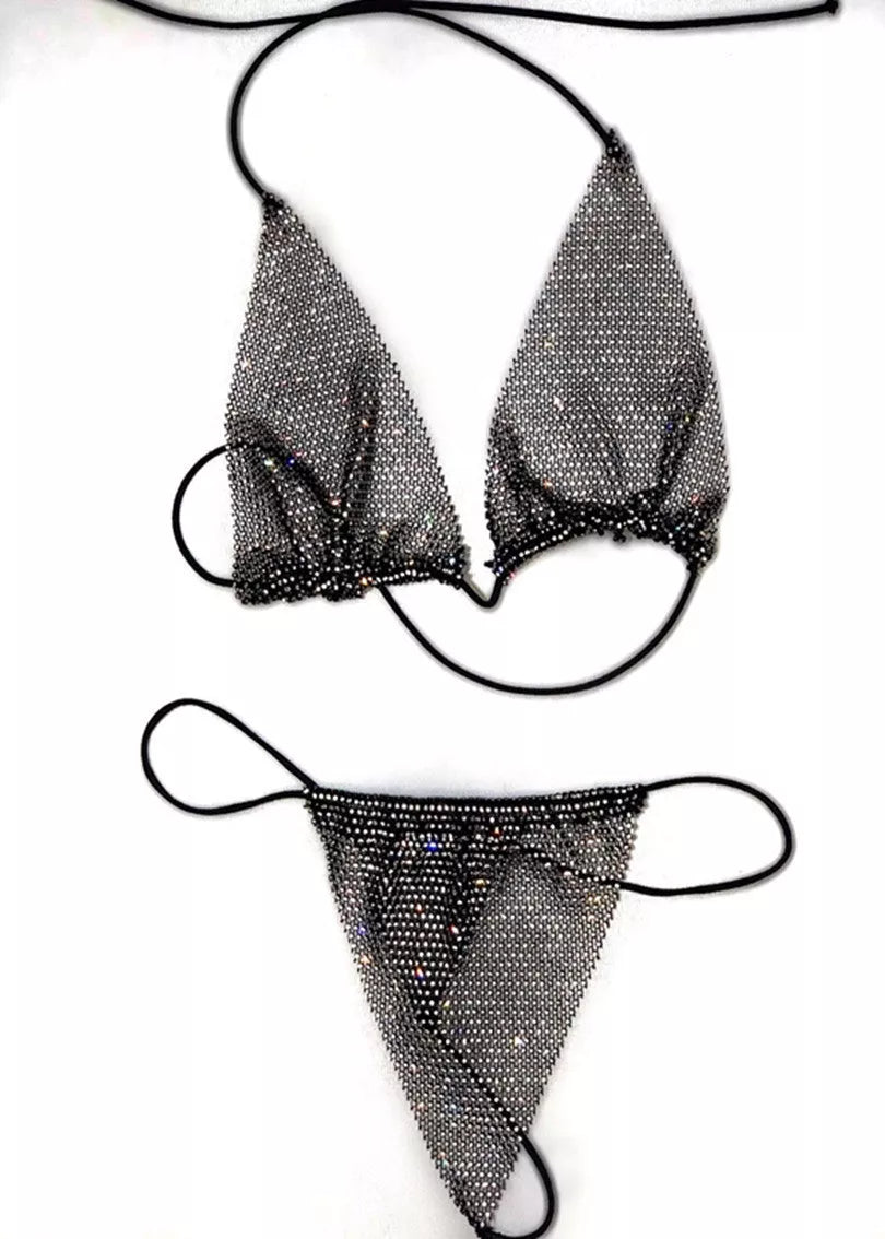Beach Rhinestone Mesh Bikini Set in multiple colors with quick-dry nylon fabric