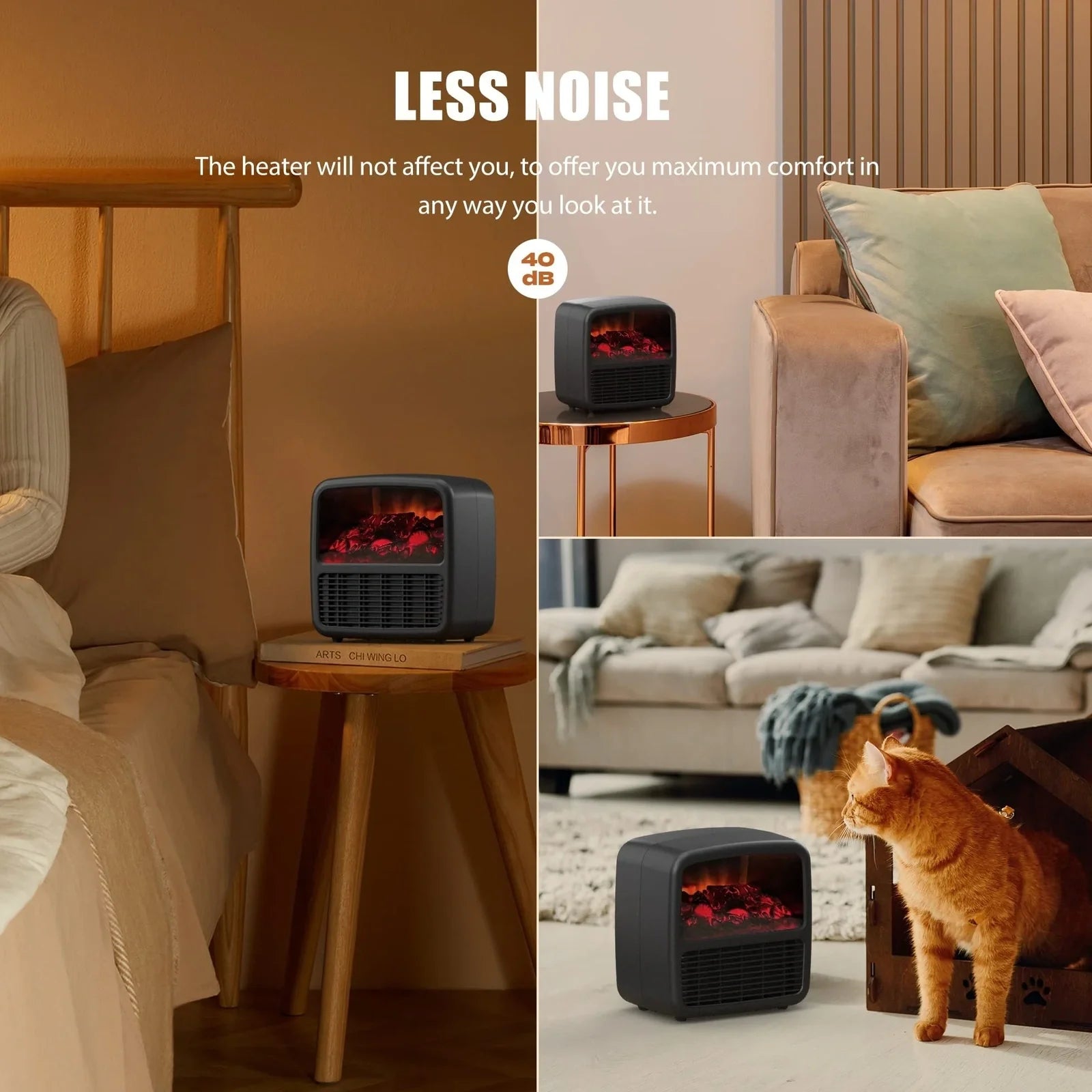 Black desktop electric space heater with ceramic heating element and mechanical controls measuring 22cm square