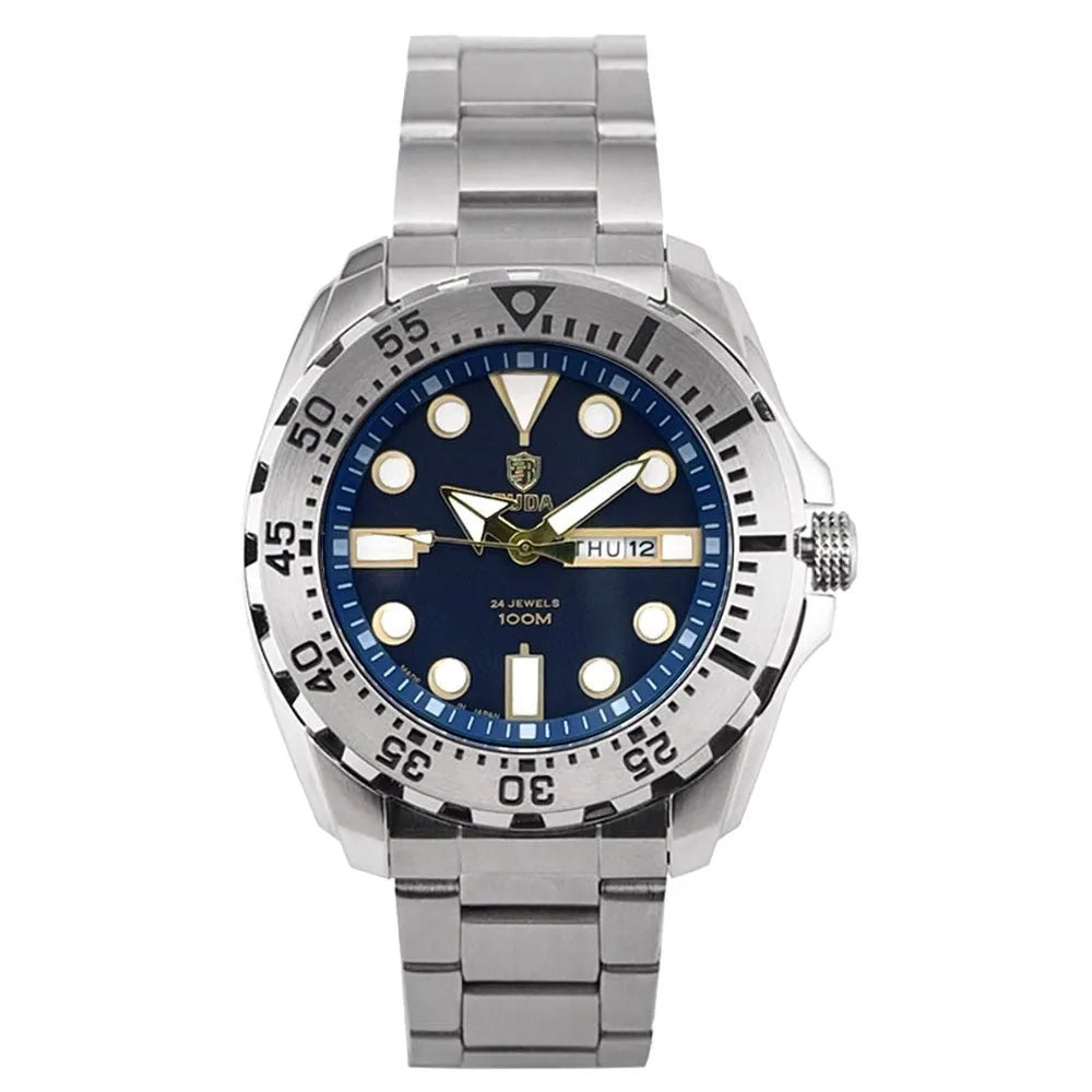 Men's waterproof luminous sports watch showing blue dial with steel strap option
