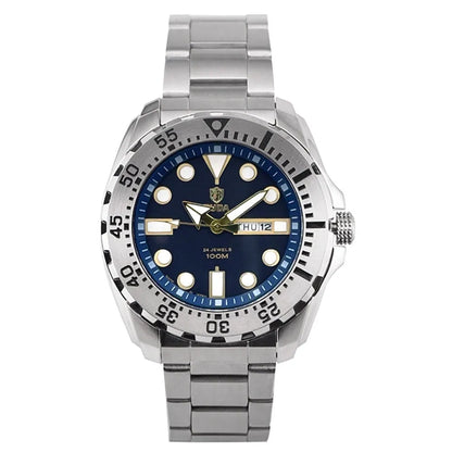 Men's waterproof luminous sports watch showing blue dial with steel strap option