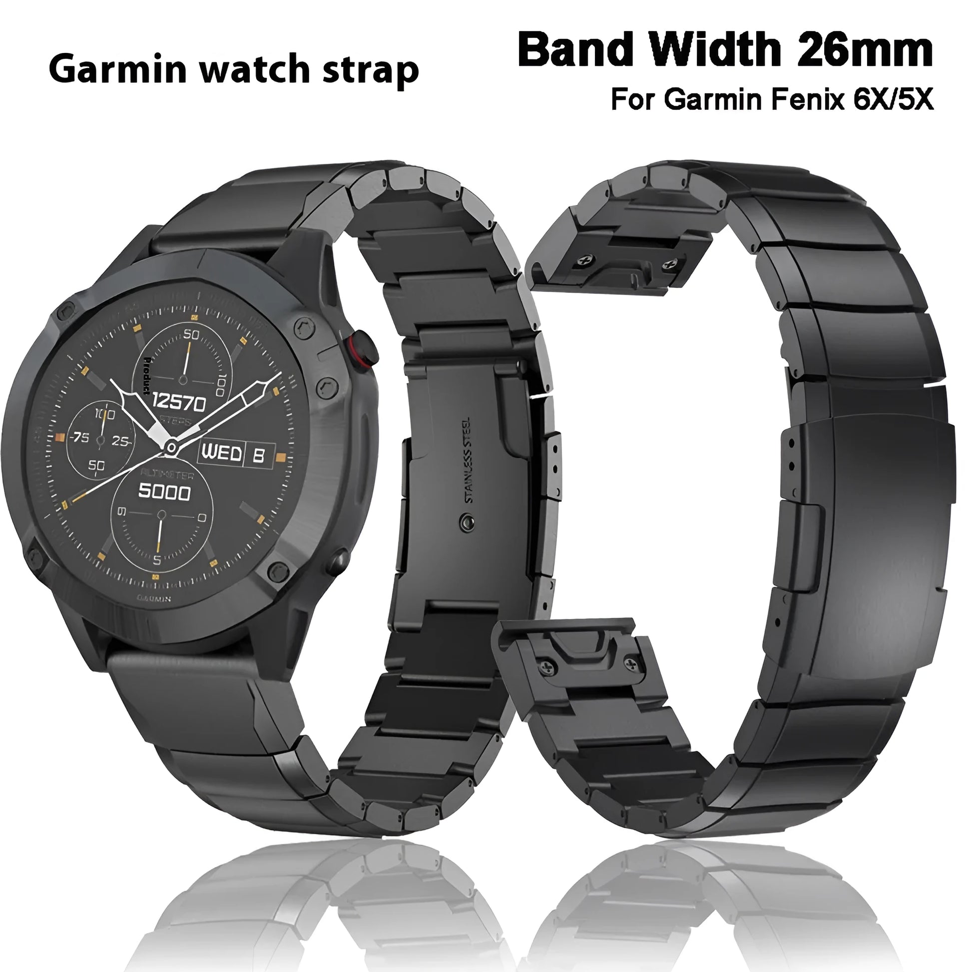 Stainless steel Garmin Fenix watch band in silver colour with straight buckle