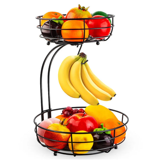Black double-layer wrought iron fruit basket with 30cm diameter and 15cm between tiers