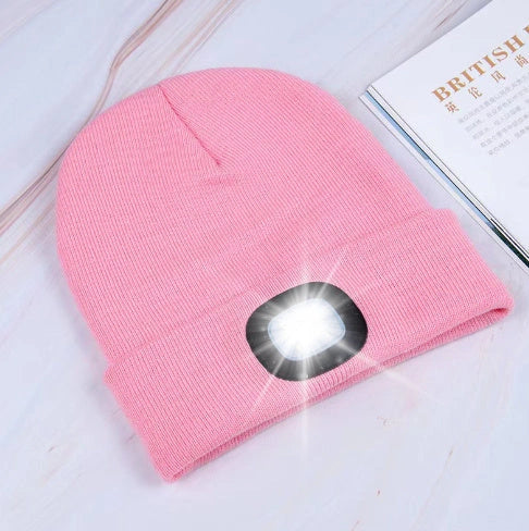 LED knit hat with glowing light for nighttime visibility and warmth