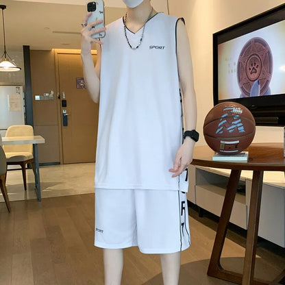 Men's thin polyester basketball sports suit consisting of a sleeveless vest and short pants on a hanger.