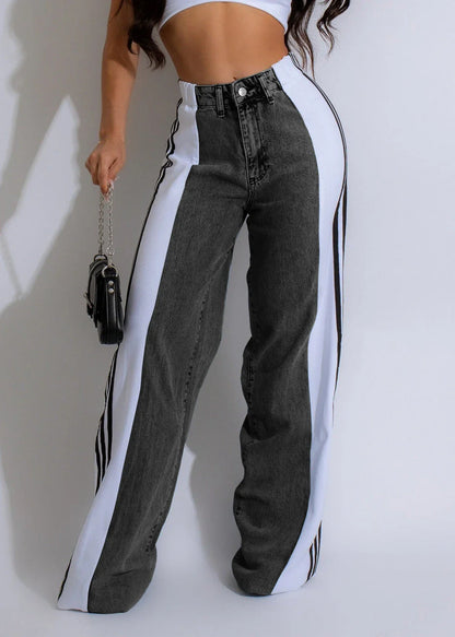 Stylish high-waist denim trousers with patchwork design, available in various color options