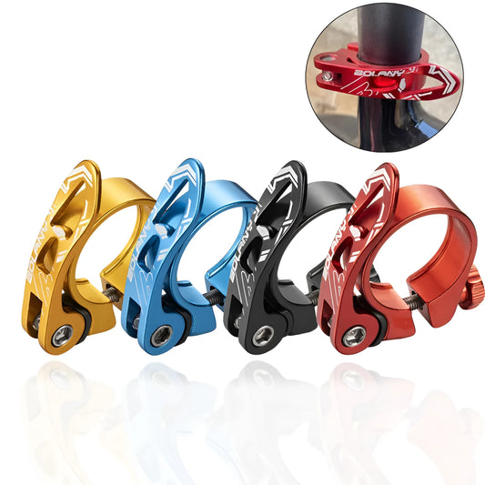 Aluminium bicycle seat tube clamp in black, red, gold, or blue colour options