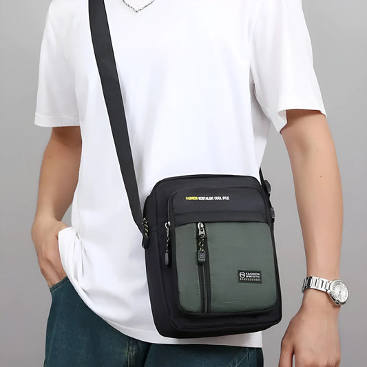 Men's nylon crossbody messenger bag with adjustable strap in green colour