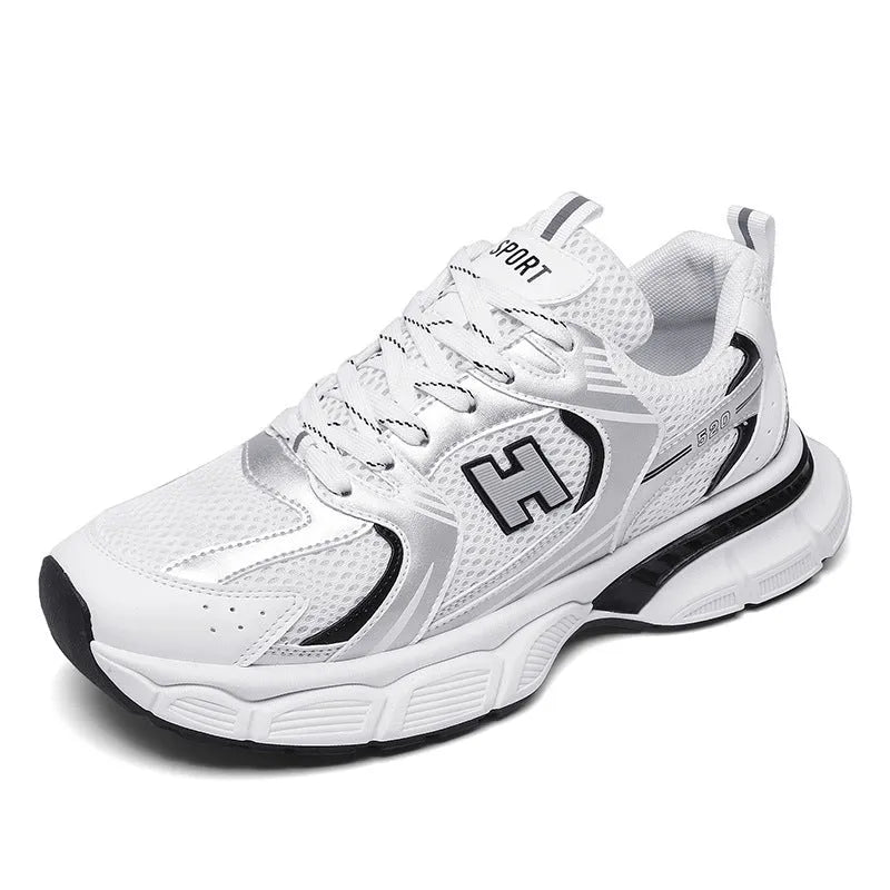 Men's white and grey mesh running shoes with round toe and plastic sole.